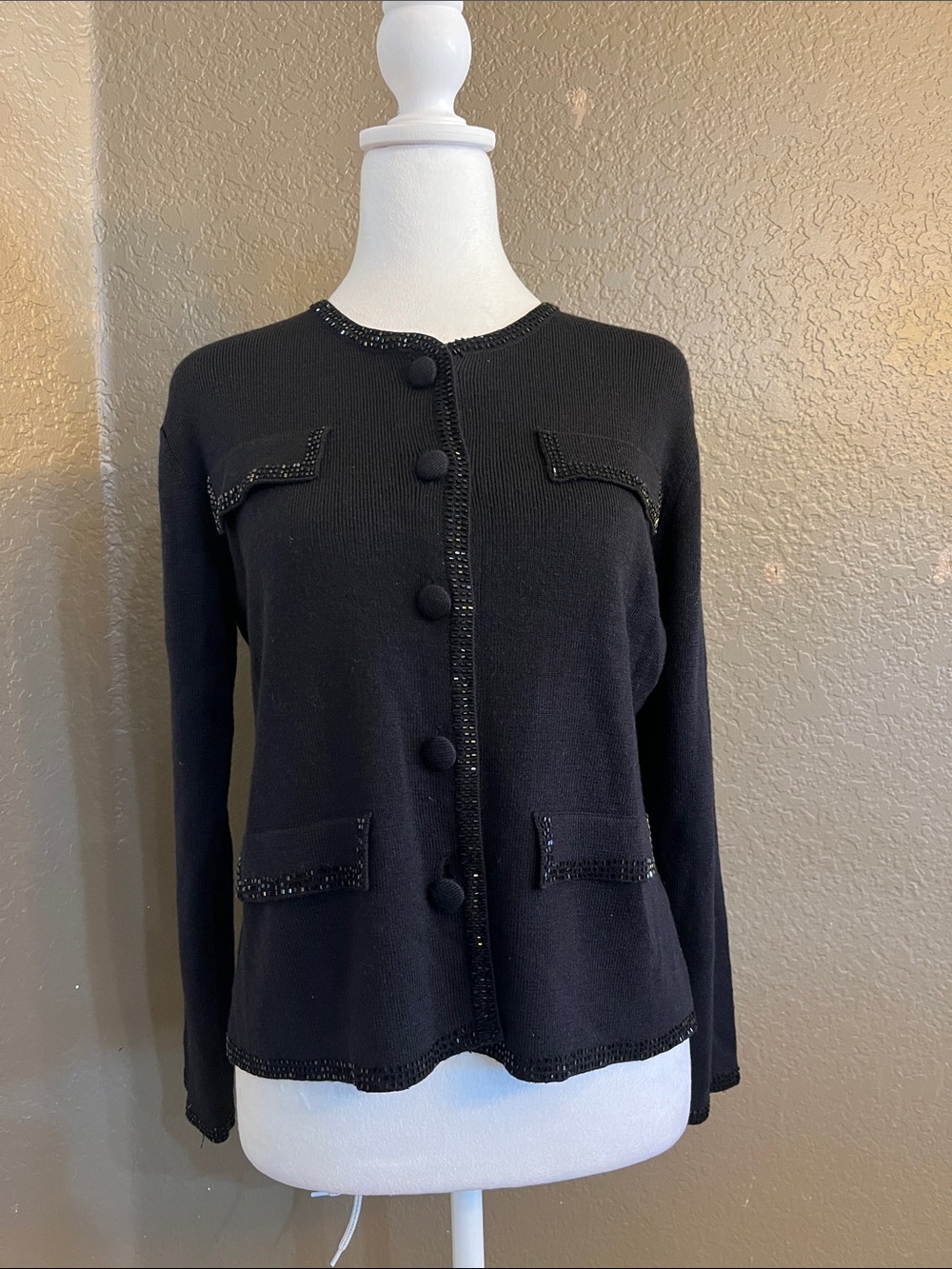 Papell Black Embellished Button-Front Knit Jacket size PM